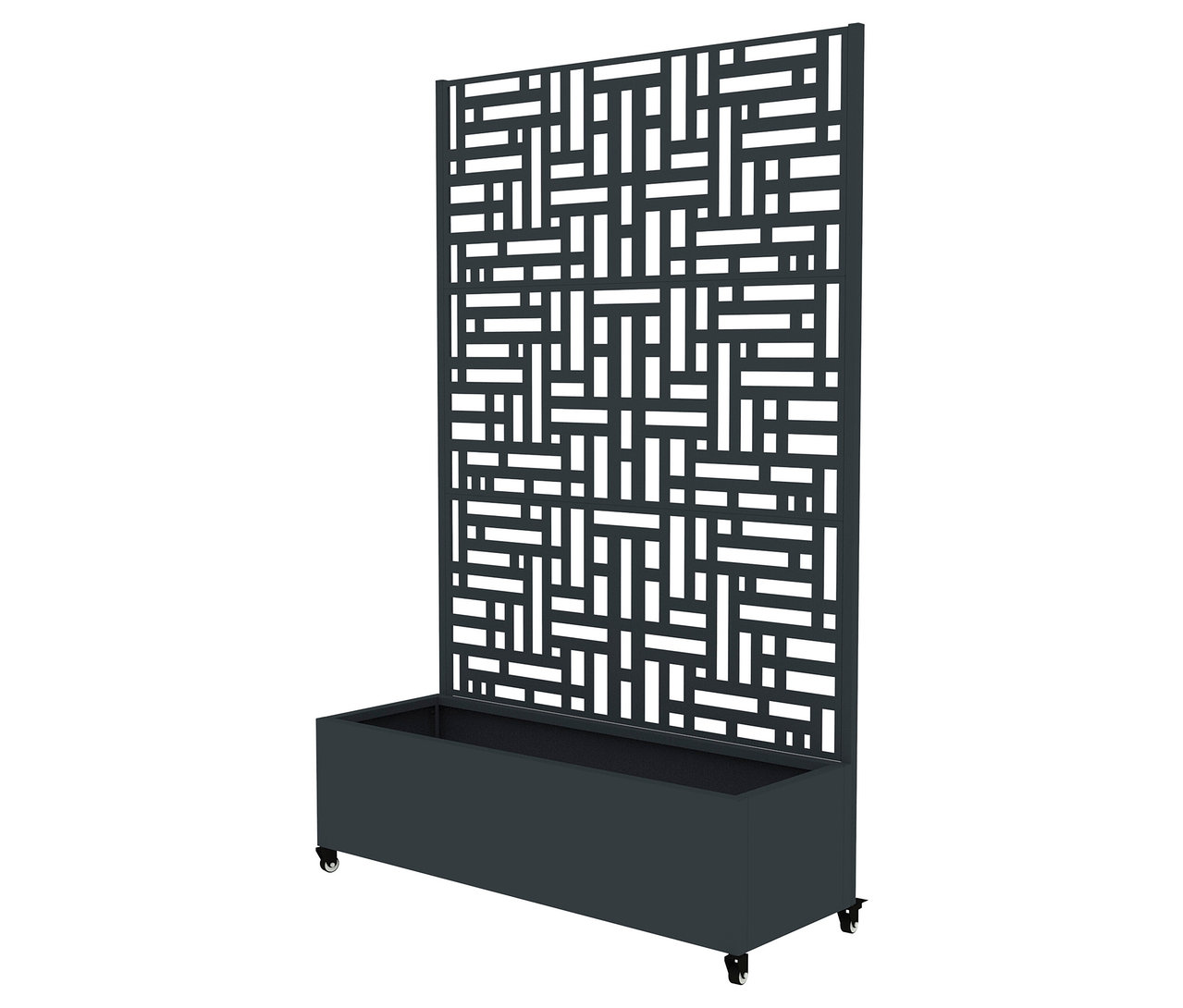 Ein grauer Pflanzkasten mit Rädern und einer hohen, dekorativen Rückwand steht auf einem weißen Hintergrund.