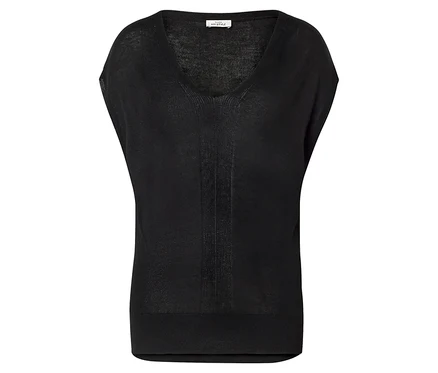 Schwarzes, leichtes Strickshirt mit V-Ausschnitt, kurzen Ärmeln und geripptem Saum.