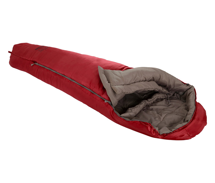 Der rote Grand Canyon Kinder-Schlafsack »Fairbanks« ist offen und zeigt das graue Innenfutter.