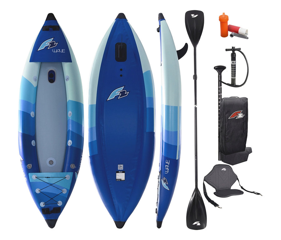 Drei F2 Wave SUP-Boards in Blau und Weiß, Paddel, Pumpe, Tasche und Sitz sind zu sehen.