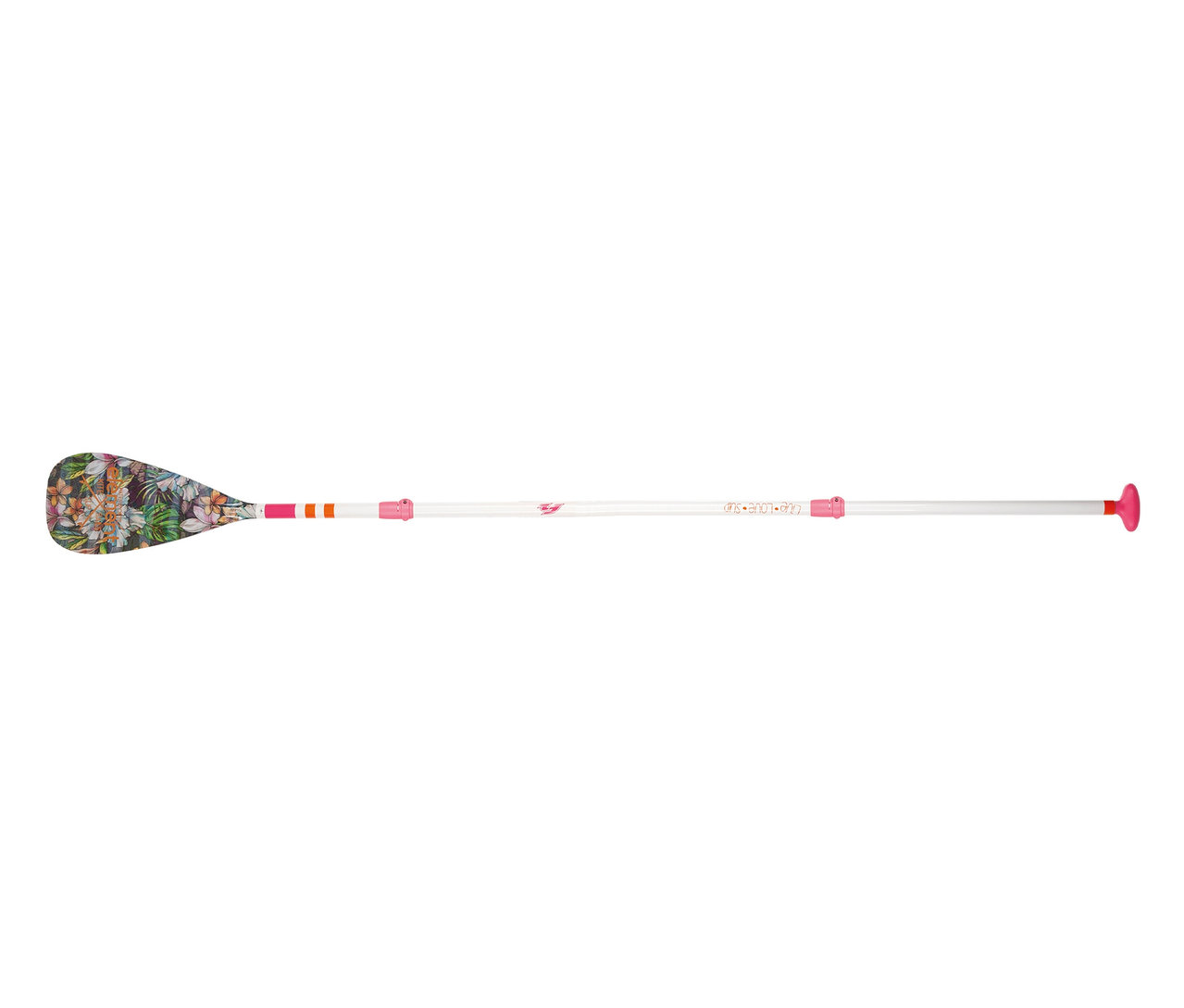 Das F2 SUP Paddle »Happiness« ist weiß mit pinkfarbenen Akzenten und einem floral gemusterten Paddelblatt.