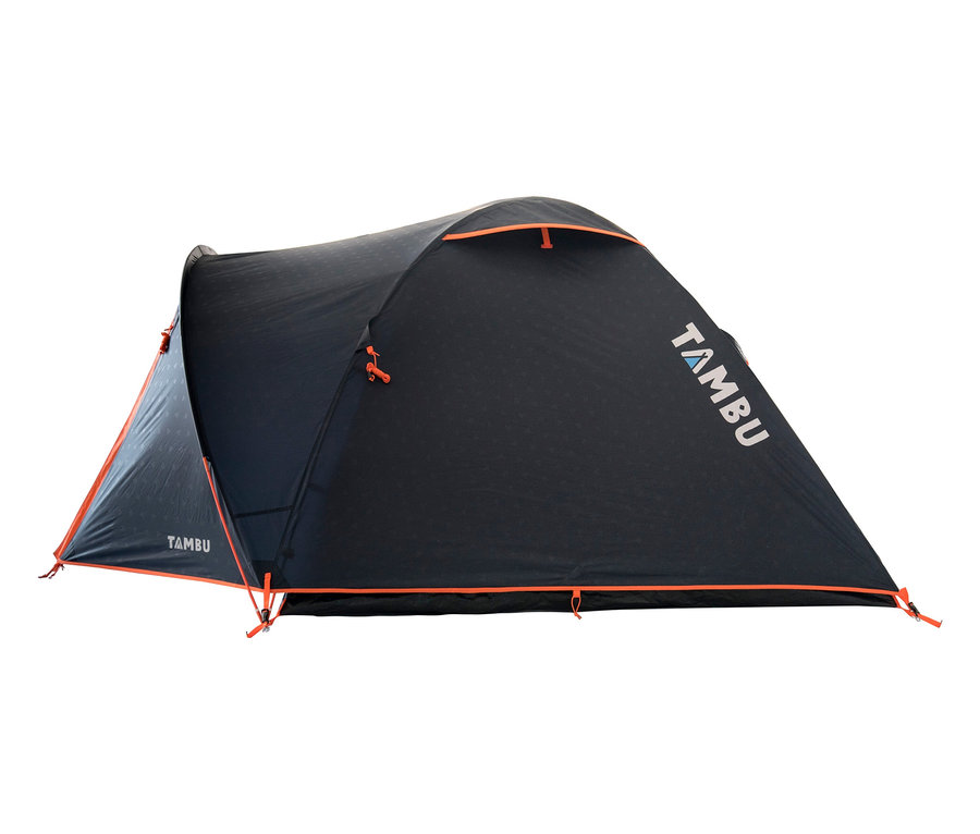 Das Bild zeigt ein Tambu »HAIKA 4« 4-Personen-Kuppelzelt, das schwarz ist und orangefarbene Akzente hat.