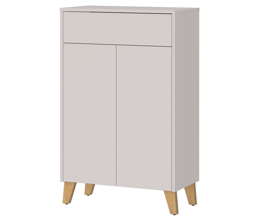 Grauer Schrank mit Schublade und zwei Türen auf vier Holzbeinen.