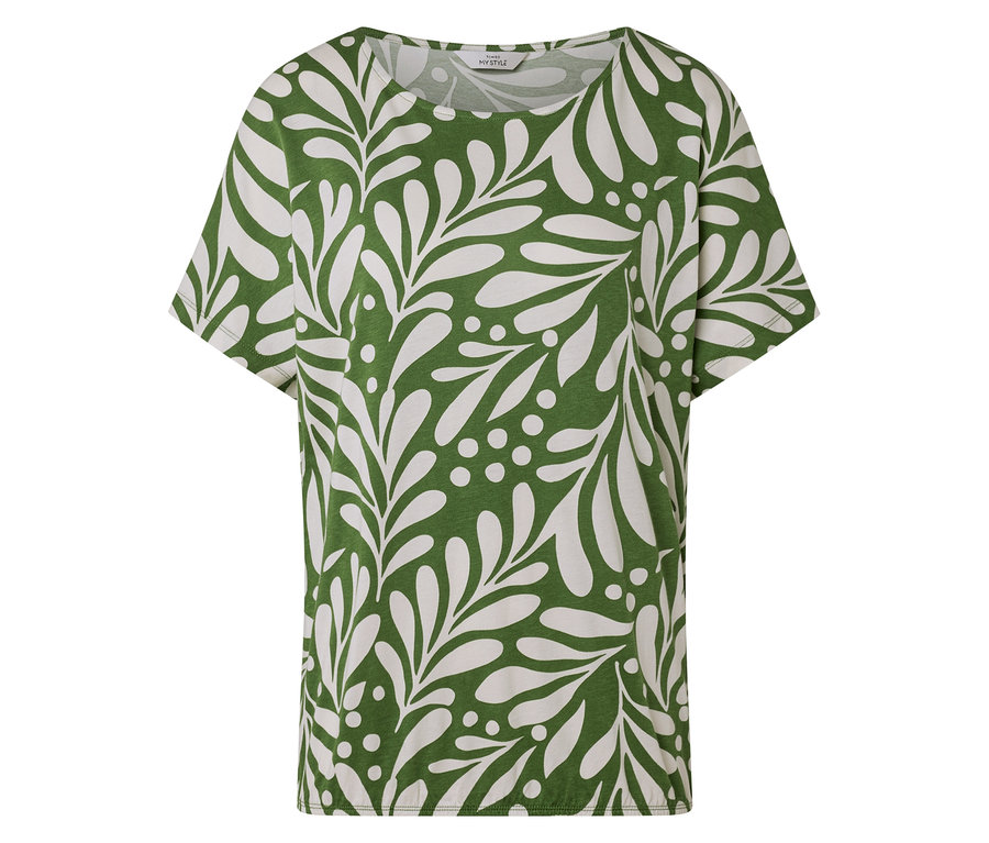 Grünes, bedrucktes Blusenshirt mit weißem Blatt- und Punktmuster.