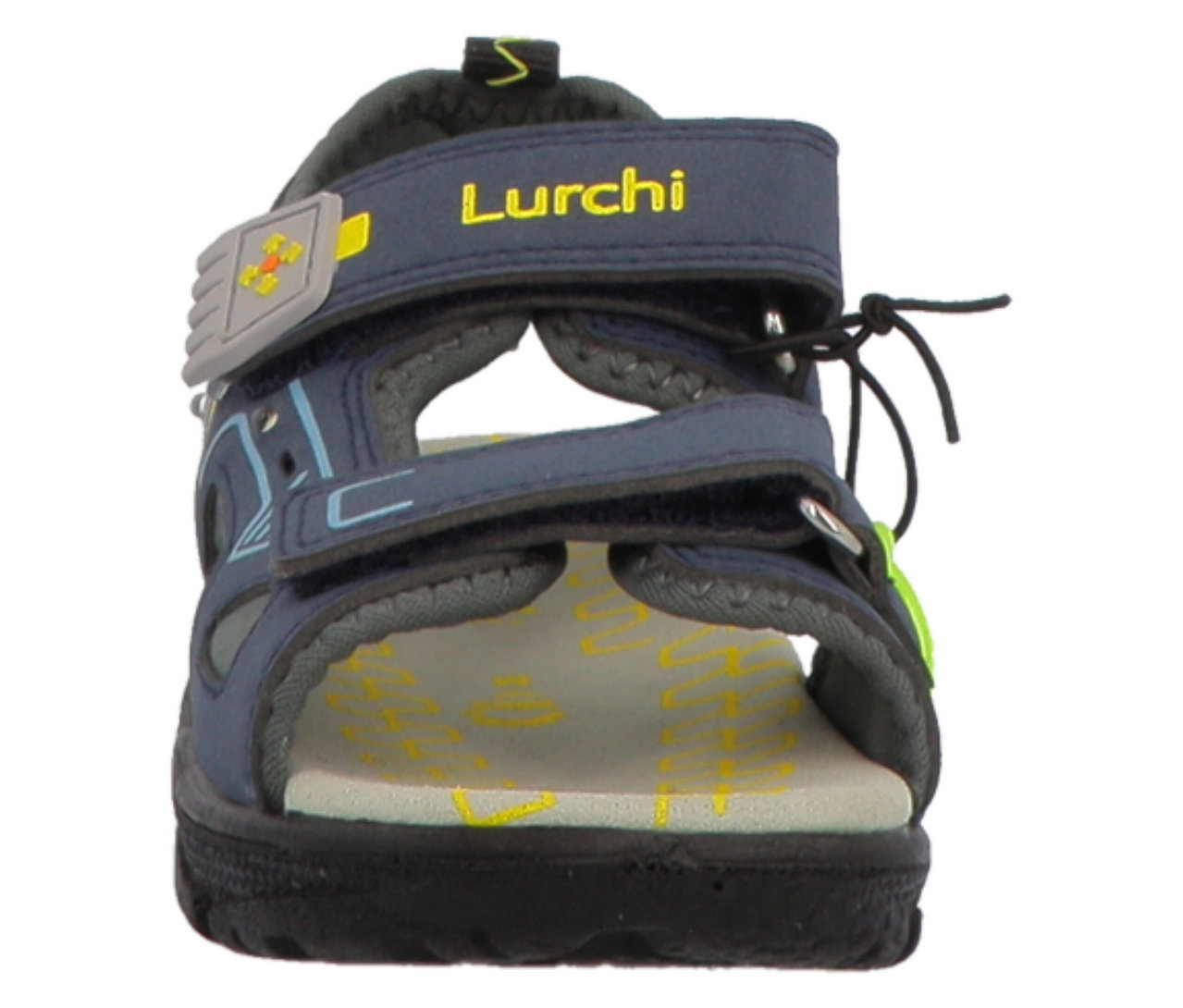 Eine einzelne dunkelblaue LURCHI Jungen-Sandale »Kodo«, von vorne gesehen. Sie verfügt über drei verstellbare Klettverschlussriemen, ein hellgraues Fußbett mit gelben Markierungen und eine schwarze Sohle. Der Markenname 'Lurchi' ist in Gelb auf dem Knöchelriemen sichtbar.