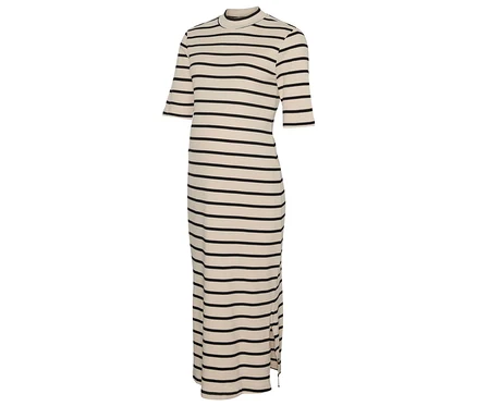 Das MAMALICIOUS Kleid »MLLANE« ist beige mit schwarzen Streifen und hat kurze Ärmel.