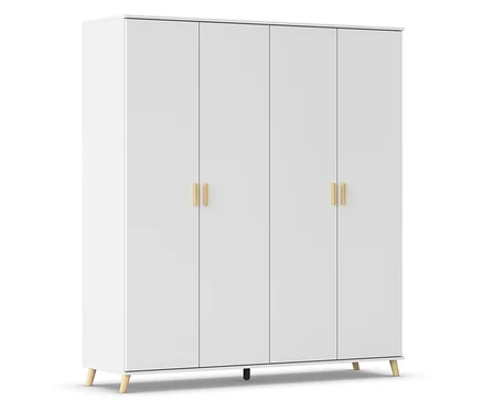 Weißer Kleiderschrank mit vier Türen und goldenen Griffen.