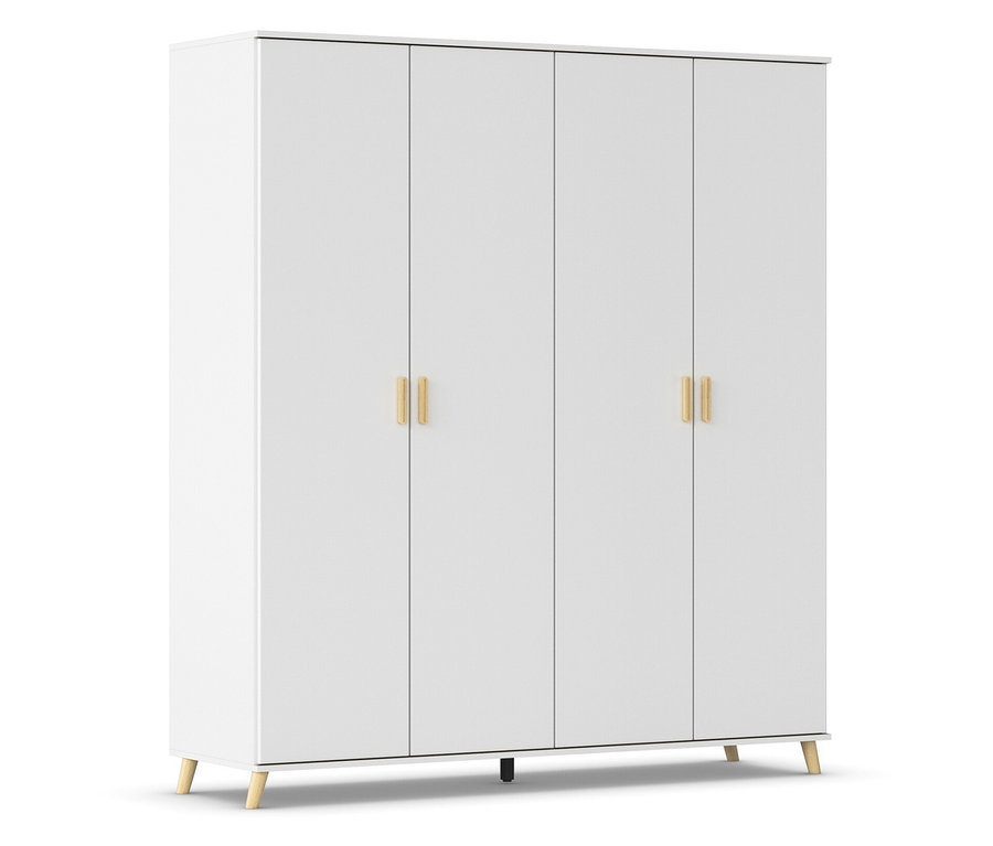 Weißer Kleiderschrank mit vier Türen und goldenen Griffen.