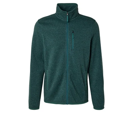 Grüne Strickfleece-Jacke mit Stehkragen, durchgehendem Reißverschluss und Brusttasche.