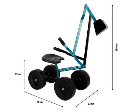Blauer small foot Bagger mit Rädern, schwarzem Sitz und Schaufel. Maße: 104 cm hoch, 35 cm Sitzhöhe, 58 cm lang, 33 cm breit.