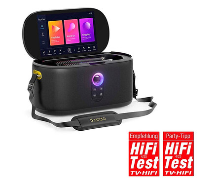 Schwarze Ikarao Karaoke-Maschine mit geöffnetem Bildschirm, der YouTube, KaraFun und Singplay anzeigt.