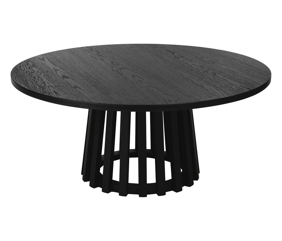 Ein runder Esstisch aus schwarzem Holz steht auf einem weißen Hintergrund.