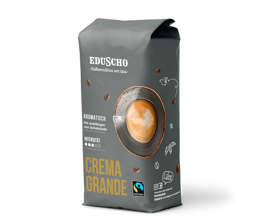 Eine Packung Eduscho Crema Grande, mit einer Abbildung einer Tasse Kaffee.