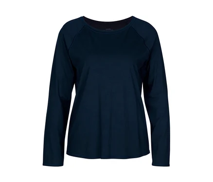 Dunkelblaues Langarmshirt mit Rundhalsausschnitt und Raglanärmeln.