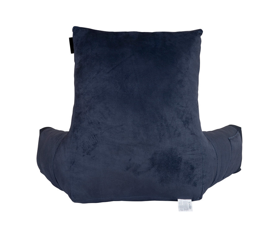 Dunkelblaues Lesekissen mit Rückenlehne und Armlehnen aus weichem Stoff.