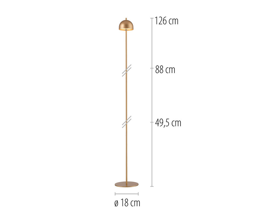Eine goldene Stehleuchte mit kuppelförmigem Schirm und rundem Fuß, 126 cm hoch und 18 cm Fußdurchmesser.