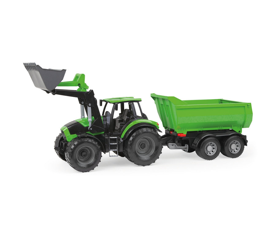 Grüner und schwarzer WORXX Traktor Deutz-Fahr »Agrotron« mit Frontlader und einem grünen Anhänger.