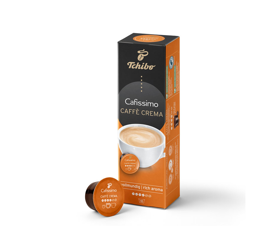 Eine Packung Cafissimo Caffè Crema vollmundig und eine Cafissimo Caffè Crema vollmundig Kapsel.