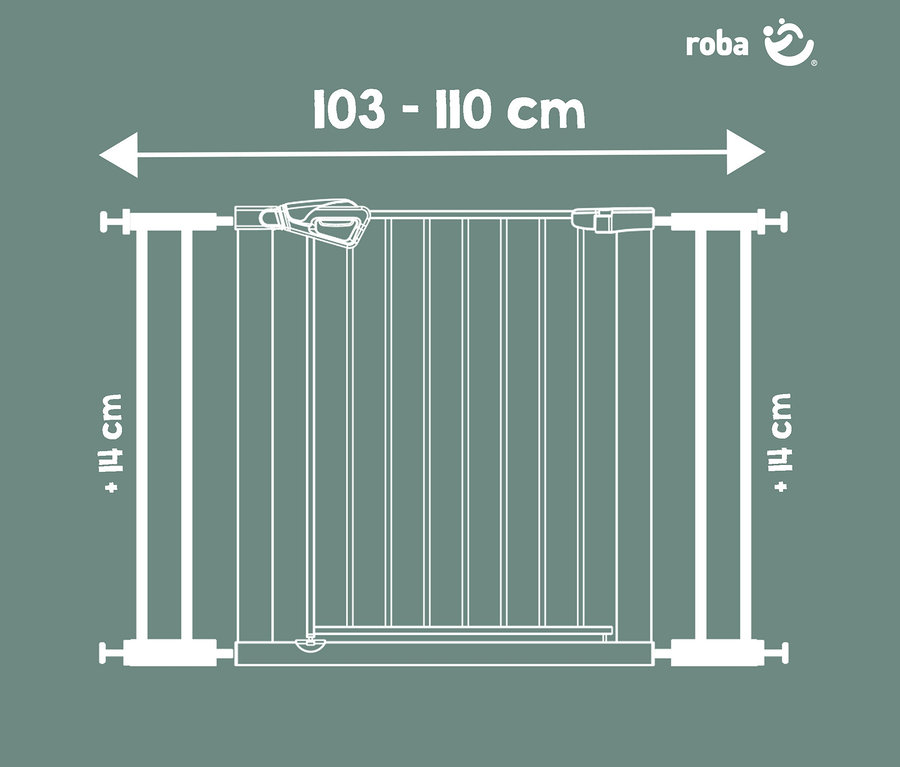 Diagramm eines weißen Baby-Schutzgitters mit vertikalen Stäben und einem oberen Verschluss, das eine Breite von 103-110 cm und eine Höhenerweiterung von +14 cm zeigt. Roba-Logo oben rechts.