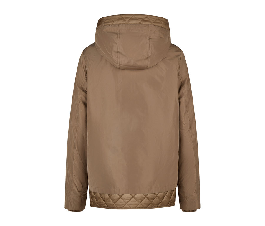 Rückenansicht einer beigen Barbara Lebek Kurzjacke mit Kapuze und gestepptem Saum.