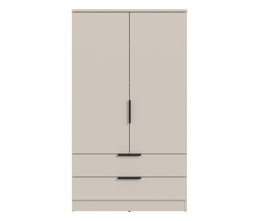 Beiger xonox Wäscheschrank »Nordic« mit zwei Türen und zwei Schubladen, alle mit schwarzen Griffen.