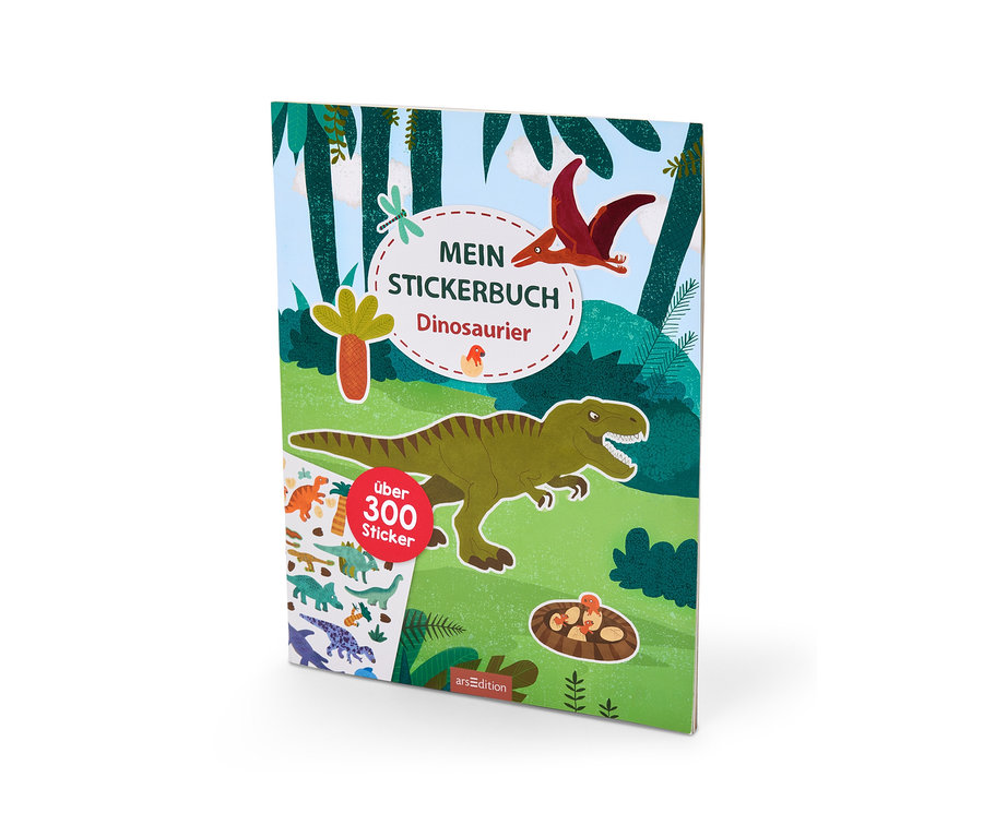 Ein Stickerbuch mit Dinosaurier-Motiven. Das Cover zeigt einen grünen T-Rex, einen fliegenden Pterodaktylus, kleine Dinosaurier-Sticker, ein Nest mit Eiern und den Titel "Mein Stickerbuch Dinosaurier" mit dem Hinweis "über 300 Sticker".