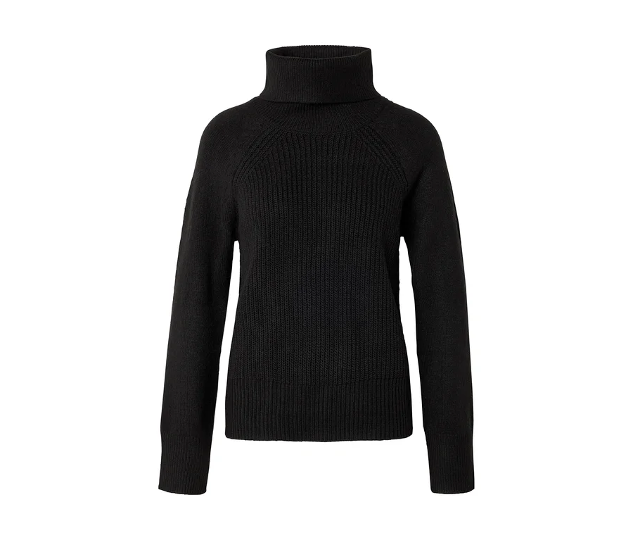 Schwarzer Rollkragenpullover mit geripptem Kragen und Rumpf, sowie langen Ärmeln.