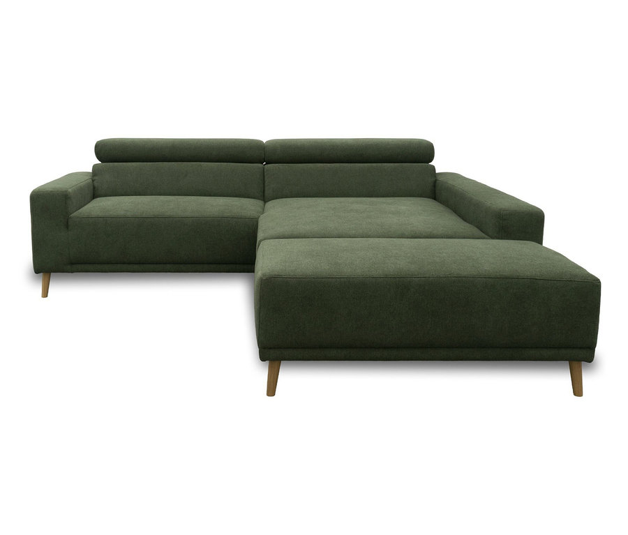 Dunkelgrünes DOMO Eck-Schlafsofa Malmö mit Longchair rechts und holzfarbenen Füßen.