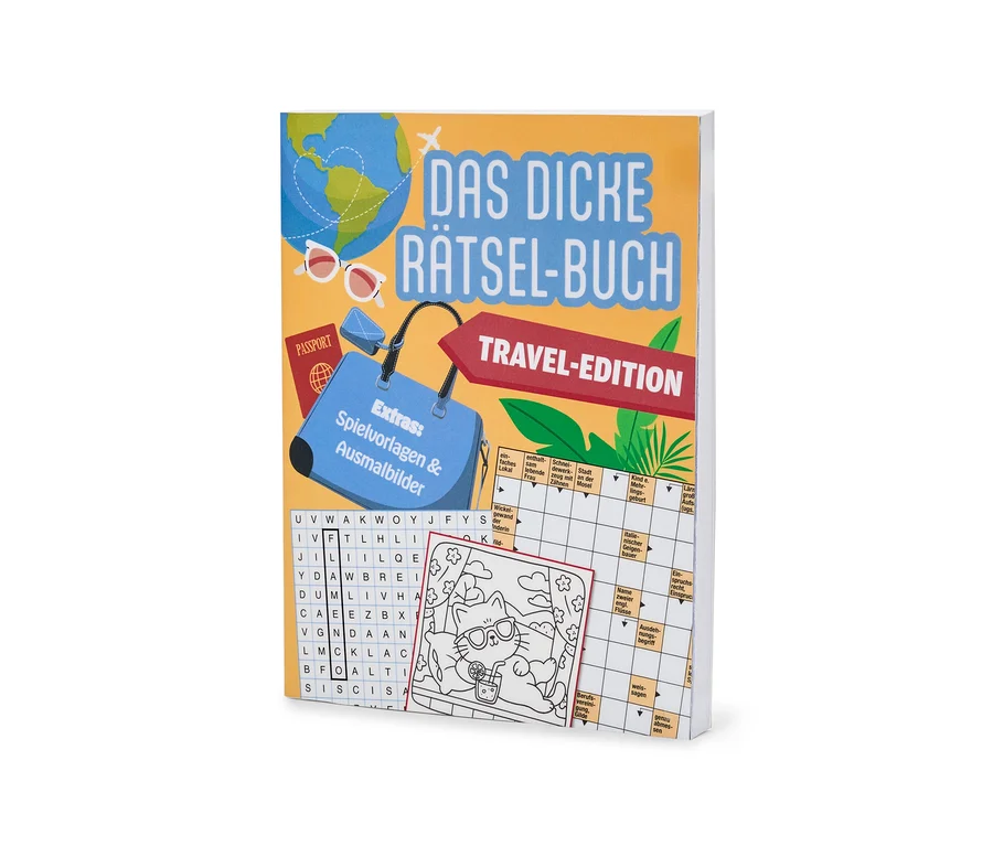 Ein dickes Rätselbuch in der Travel-Edition mit Illustrationen von Reiseutensilien wie Reisepass und Sonnenbrille.