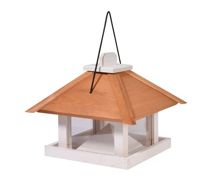 Hängendes Vogelhaus aus Holz mit hellbraunem Dach und weißem Unterbau, mit transparenten Seitenwänden und schwarzer Aufhängeschnur.