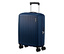 Ein kleiner, navyblauer American Tourister #Rejoy Spinner# Koffer steht aufrecht. Er hat eine geriffelte Oberfläche, einen ausziehbaren Griff, vier Doppelrollen und ein integriertes Zahlenschloss.