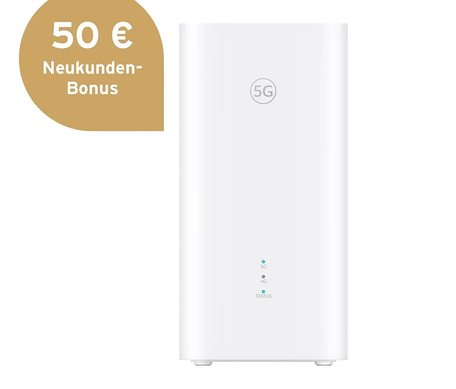 Ein weißer Homespot-Router 5G ZOWEE steht vor einem weißen Hintergrund. Links befindet sich ein goldenes Sprechblasensymbol mit der Aufschrift "50 € Neukunden-Bonus".