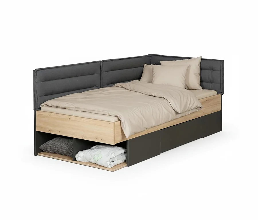 Roba Jugendbett »Marvin«, 90 x 200 cm mit hellbraunem Holzrahmen, grauer Polsterung und Bettwäsche in Beige.
