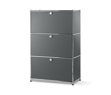 Ein mattgraues Metallregal mit 3 Klappfächern.