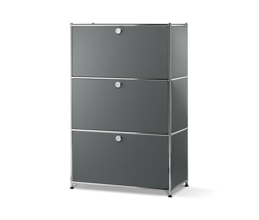 Ein mattgraues Metallregal mit 3 Klappfächern.