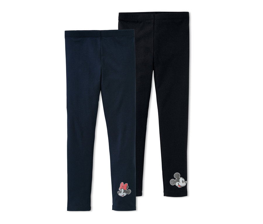 Zwei Leggings »Disney»: eine marineblau mit Minnie Mouse, die andere schwarz mit Mickey Mouse.