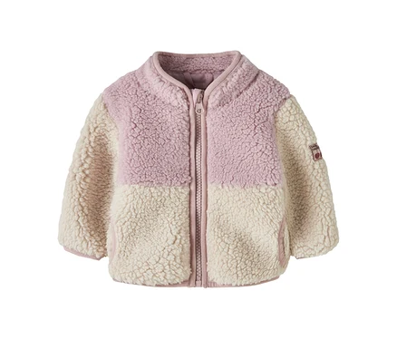 Zweifarbige Kinder-Fleecejacke, oben rosa und unten cremefarben, mit durchgehendem Reißverschluss, Stehkragen und zwei Vordertaschen.