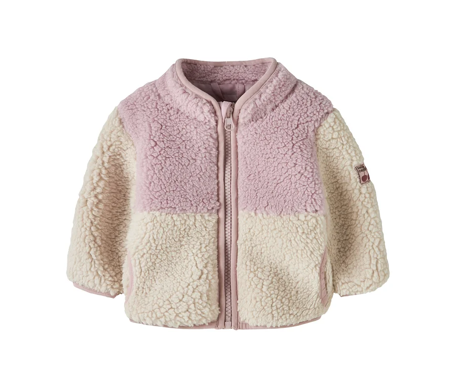 Zweifarbige Kinder-Fleecejacke, oben rosa und unten cremefarben, mit durchgehendem Reißverschluss, Stehkragen und zwei Vordertaschen.