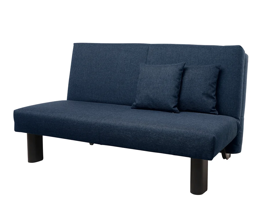 Blaues klappbares Schlafsofa, 140 x 200 cm mit zwei Kissen.