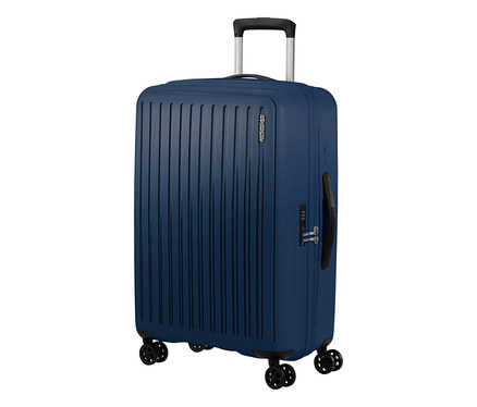 Marineblauer American Tourister Rejoy Spinner Koffer in mittlerer Größe mit geriffelter Oberfläche, vier Rollen, ausziehbarem Griff und Zahlenschloss.