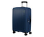 Marineblauer American Tourister Rejoy Spinner Koffer in mittlerer Größe mit geriffelter Oberfläche, vier Rollen, ausziehbarem Griff und Zahlenschloss.