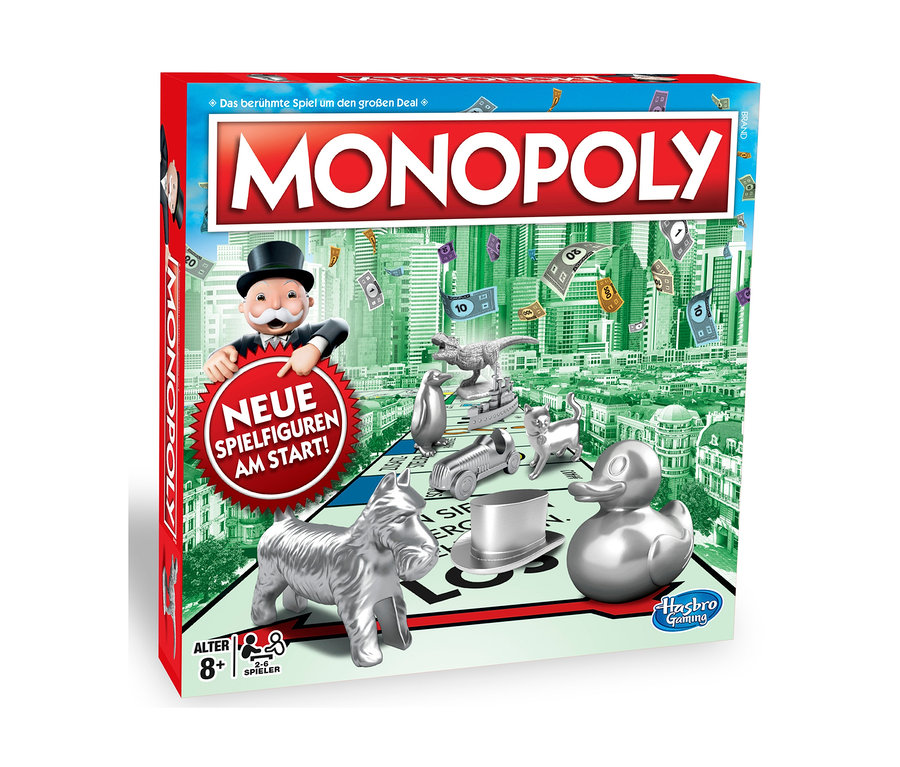 Verpackung von Hasbro »Monopoly Classic«. Auf der Verpackung befinden sich Spielfiguren und ein Stadthintergrund.