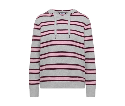 CECIL Strick-Hoodie in Hellgrau mit rosa und dunkelrosa Querstreifen.