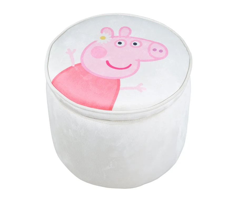 Ein runder, weißer Hocker mit einer Abbildung von Peppa Pig.