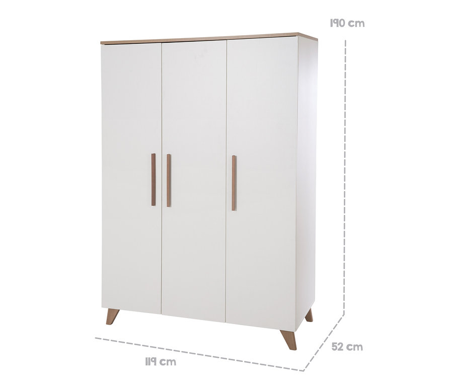 Weißer dreitüriger Kleiderschrank mit hellbraunen Akzenten und Maßangaben.