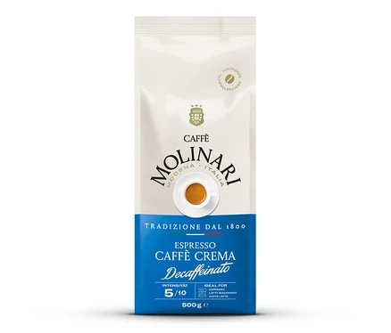 Eine weiss-blaue Packung Caffè Molinari Espresso Caffè Crema Decaffeinato Kaffee, 500g. Die Packung zeigt eine Tasse Espresso und Angaben zur Intensität 5/10 sowie zur schonenden Trommelröstung.