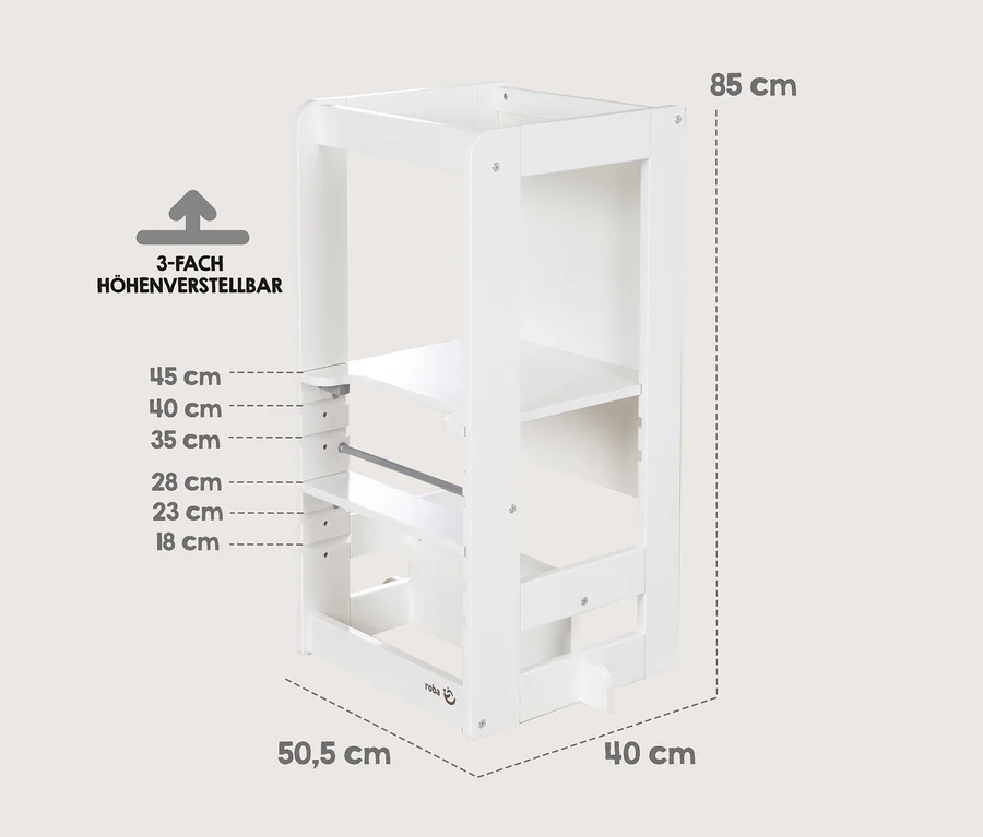 Weißer Lernturm aus Holz mit höhenverstellbarer Plattform. Der Turm ist 85 cm hoch, 50,5 cm breit und 40 cm tief. Die Plattform kann auf verschiedene Höhen eingestellt werden, darunter 45 cm, 40 cm, 35 cm, 28 cm, 23 cm und 18 cm. Ein „roba“-Logo ist an der Seite zu sehen.