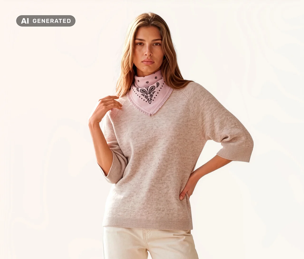 Eine Frau mit langen Haaren trägt einen hellbeigen Pullover und ein rosafarbenes Strick-Bandana mit Wolle und Kaschmir und schwarz-weißem Muster um den Hals.