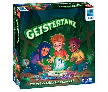 Eine Brettspielbox "GEISTERTANZ" zeigt drei Kinder, die das Spiel spielen. Ein Mädchen mit blauen Haaren, ein Junge mit roten Haaren und ein Junge mit Brille knien um ein Spielbrett und blicken auf eine leuchtende Geisterfigur. Verschiedene Spielsteine wie ein grünes Auto und ein Fußball sind auf dem Brett zu sehen, vor einem gruseligen Raumhintergrund.
