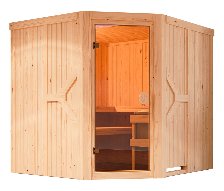 Karibu-Sauna »Avery« mit Eckeinstieg, inkl. 9-kW-Ofen mit integrierter Steuerung, ca. 170 x 151 cm.